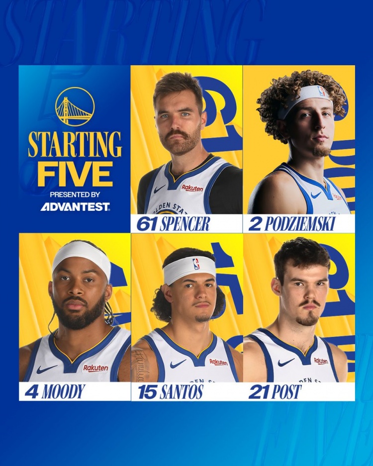 七大将缺席！勇士今日首发：斯潘塞 穆迪 波斯特 波杰姆 桑托斯